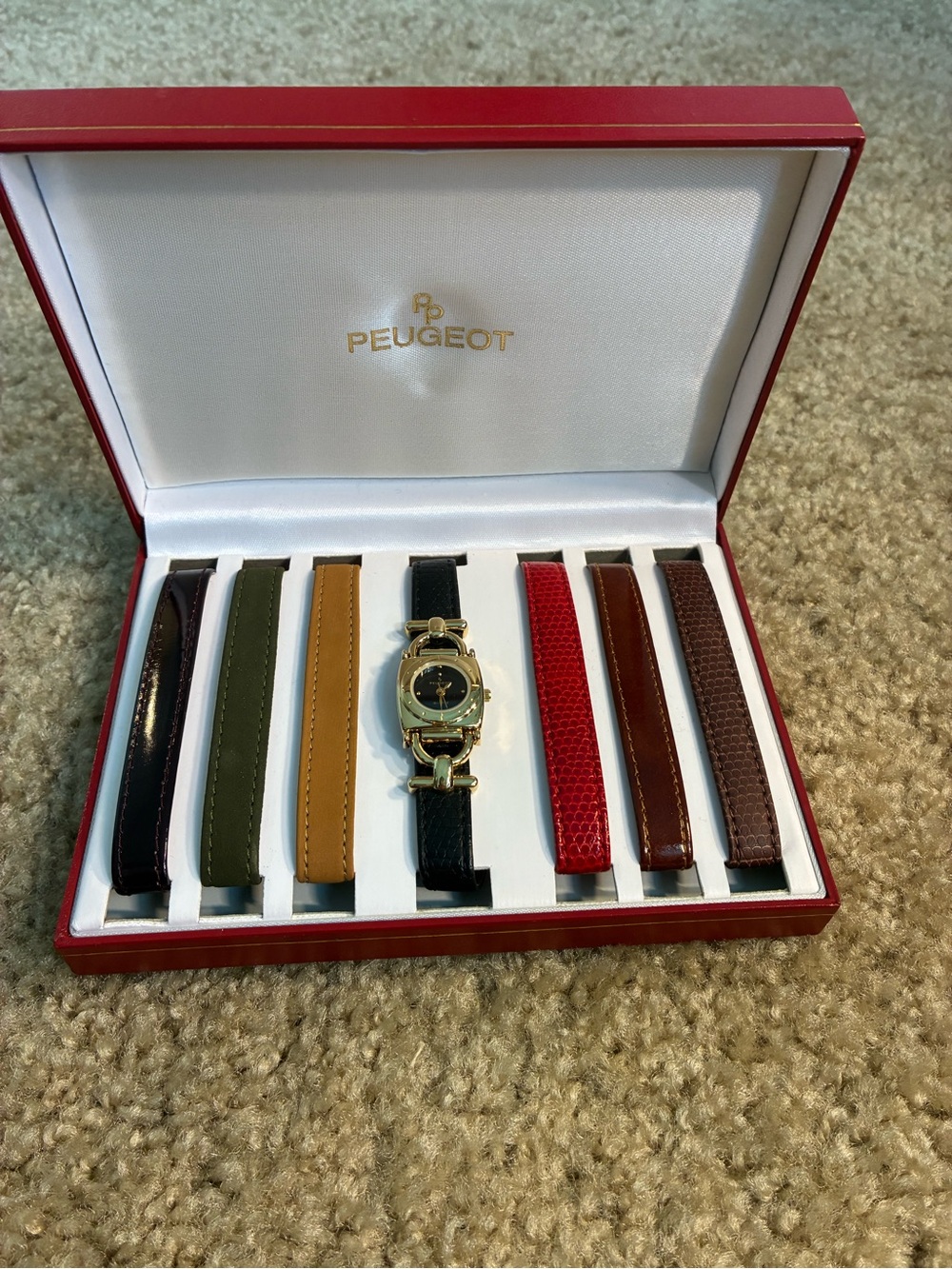 NWOT Peugeot Interchangeable Strap Watch Set Gold Tone Multicolor Bands